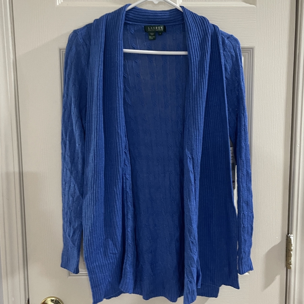 NWT Lauren Ralph Lauren Vintage Y2K 100% Linen Blue Knit Cardigan Sweater Size S